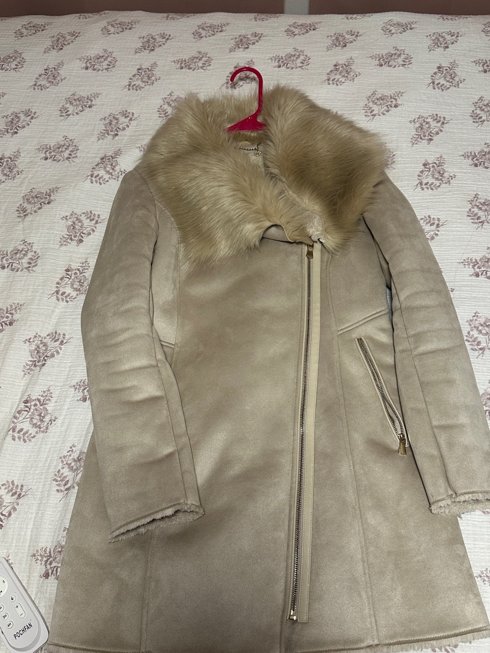 Calvin Klein Taupe Suede Trench Coat with Faux Fur Collar